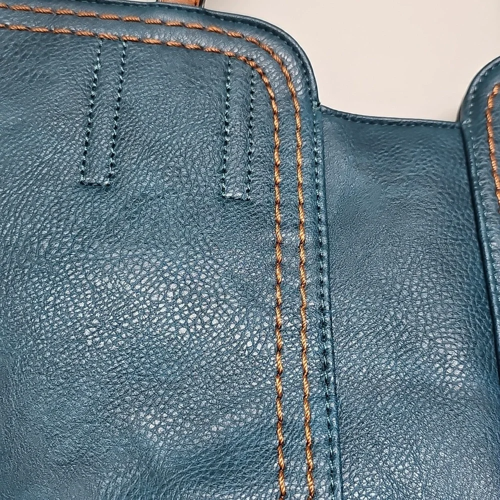 Montana West Teal & Brown Faux Leather Tote Bag, Spacious With Zipper Closure - Picture 4 of 10